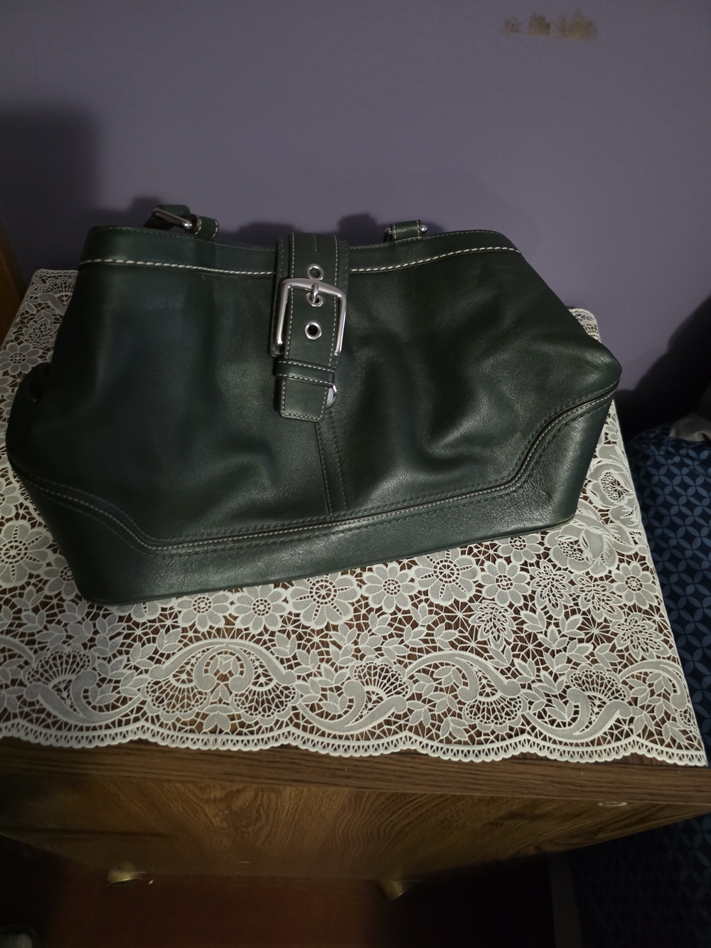 Coach Dark Green Leather Hobo with Silver Buckle
